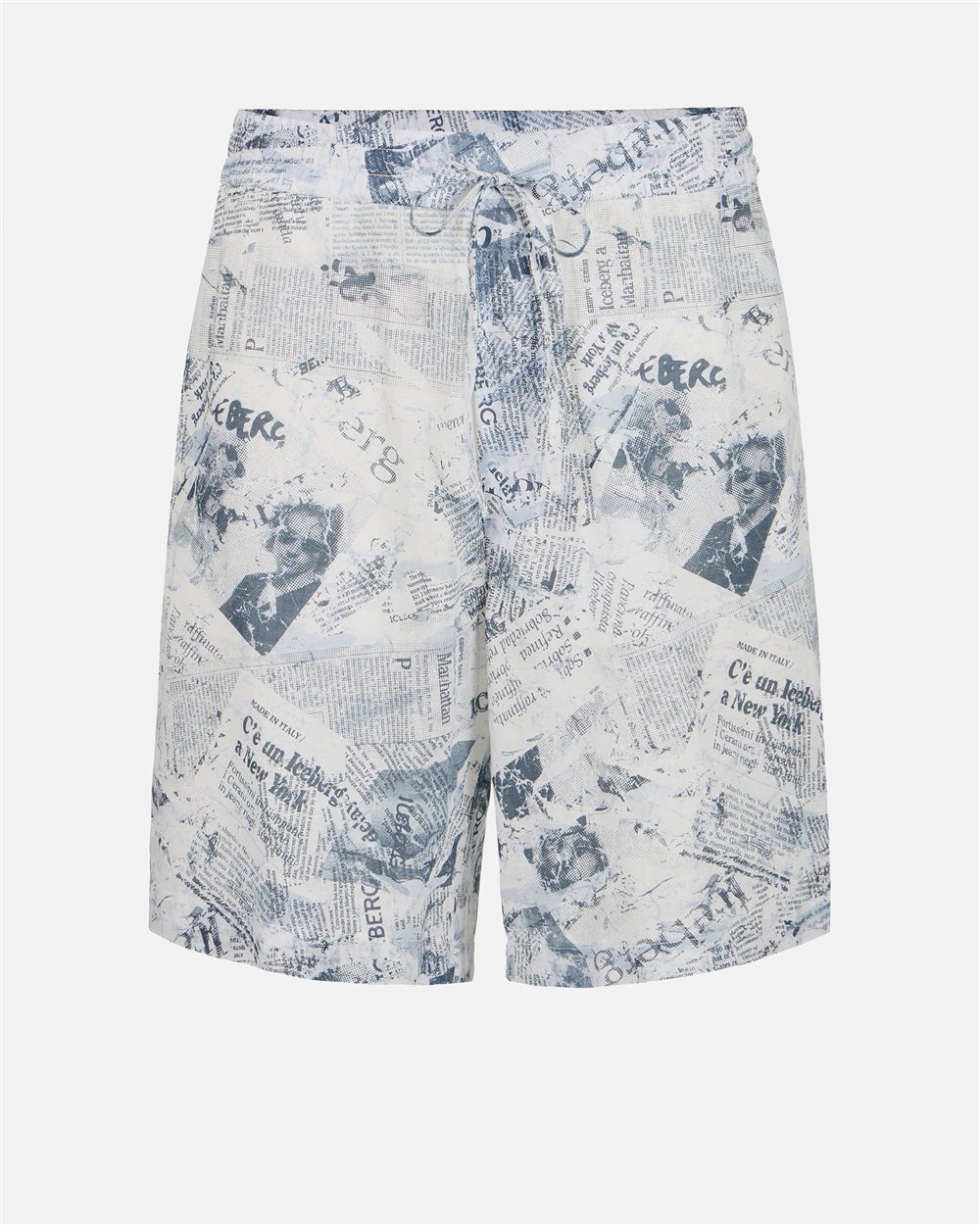 Comfort fit Bermuda shorts in a linen and cotton blend, blue background - Iceberg - Official Website
