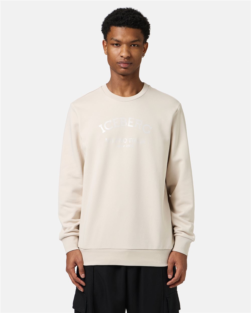 Powder white crewneck slim fit sweatshirt with Iceberg logo - Iceberg - Official Website