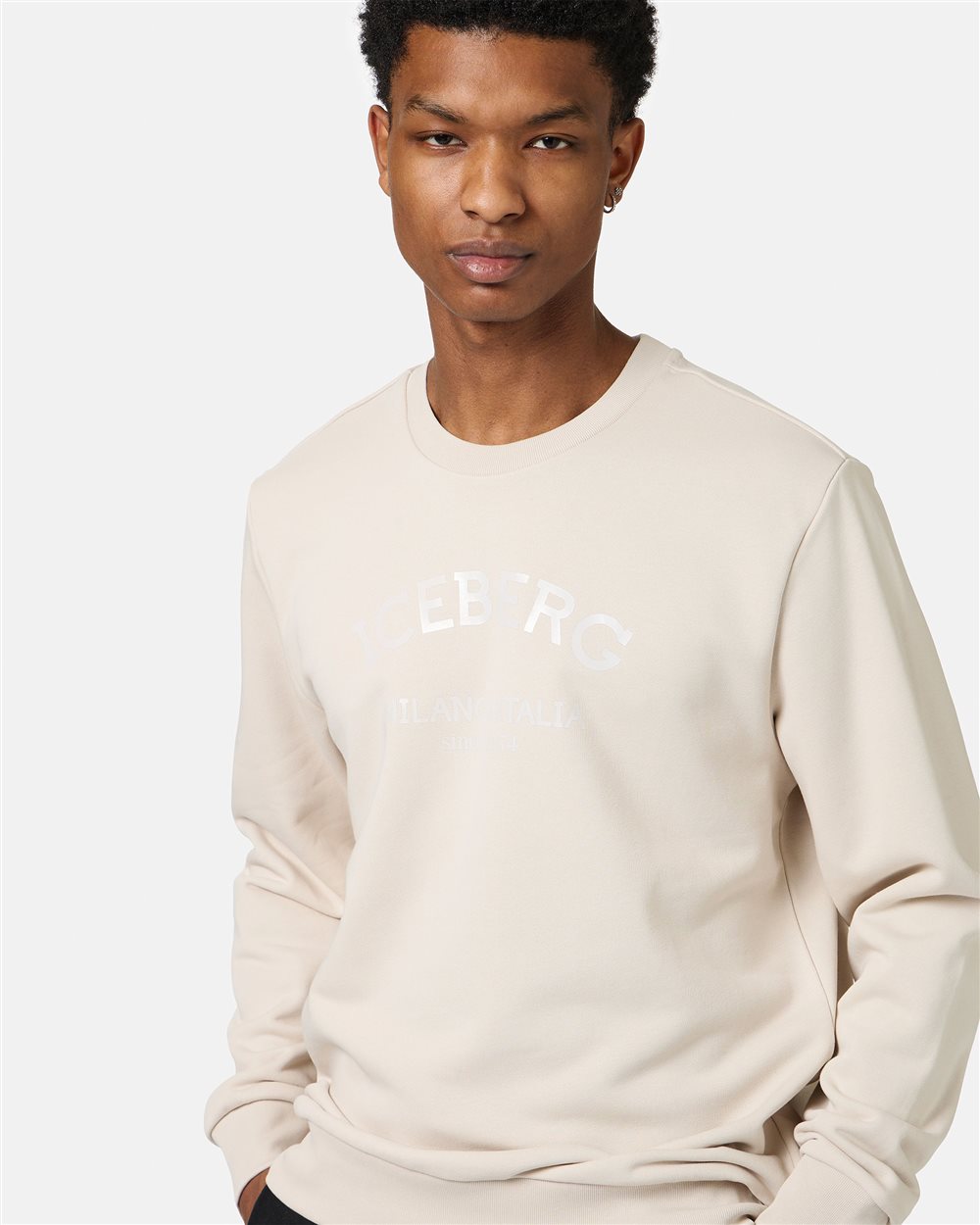 Powder white crewneck slim fit sweatshirt with Iceberg logo - Iceberg - Official Website
