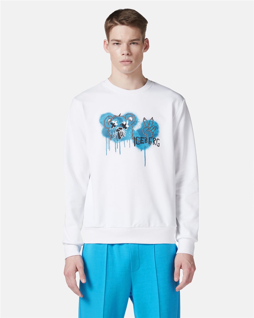 Optical white crewneck sweatshirt with classic regular fit and Bear print - Iceberg - Official Website