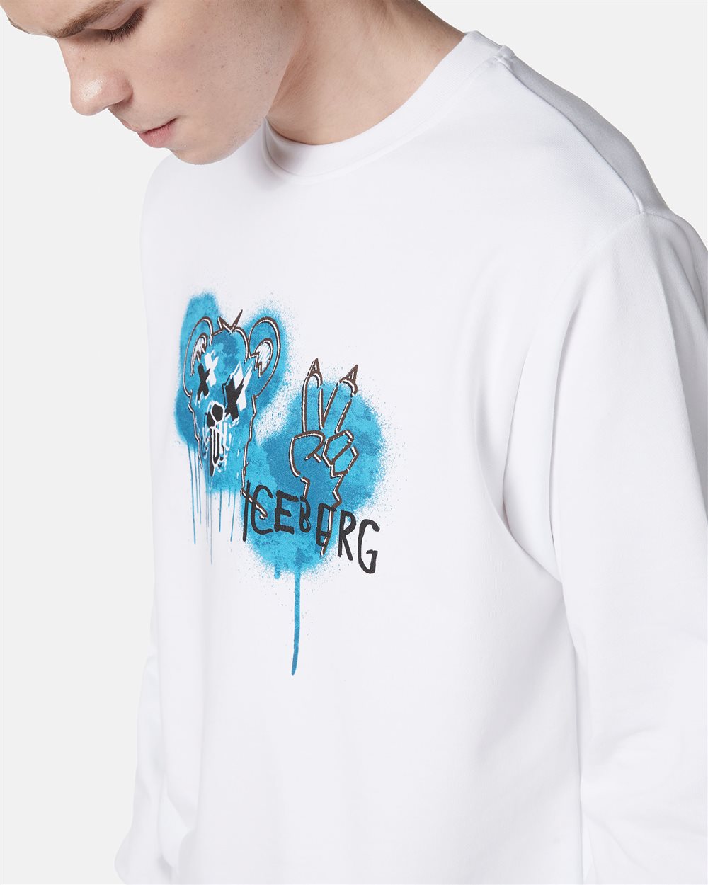 Optical white crewneck sweatshirt with classic regular fit and Bear print - Iceberg - Official Website