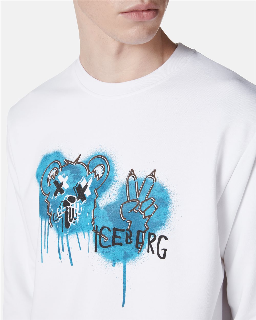Optical white crewneck sweatshirt with classic regular fit and Bear print - Iceberg - Official Website