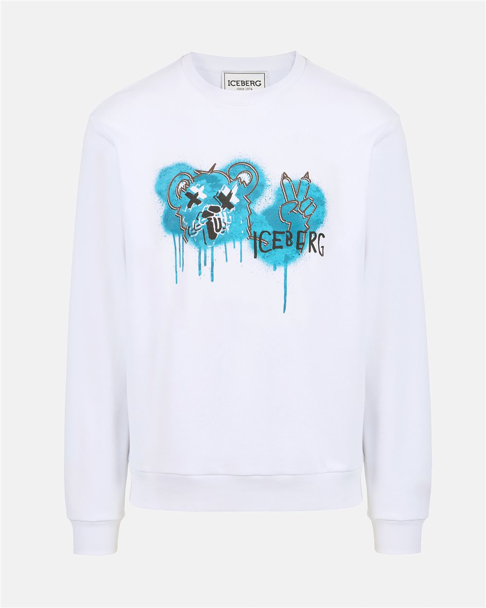 Optical white crewneck sweatshirt with classic regular fit and Bear print - Iceberg - Official Website