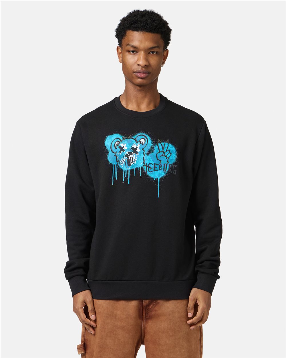Black crewneck sweatshirt with classic regular fit and Bear print - Iceberg - Official Website