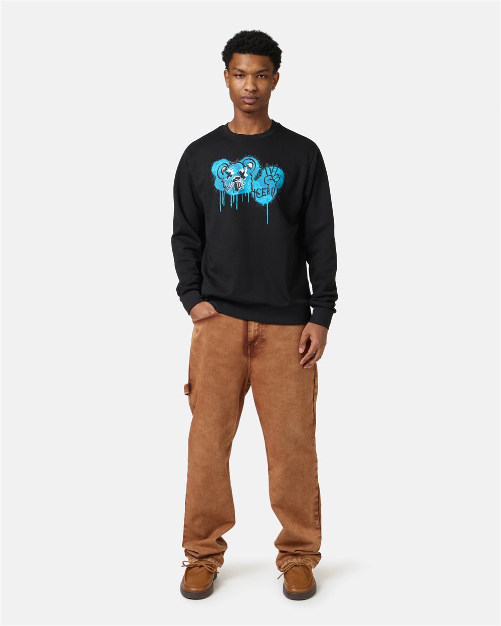 Black crewneck sweatshirt with classic regular fit and Bear print - Iceberg - Official Website