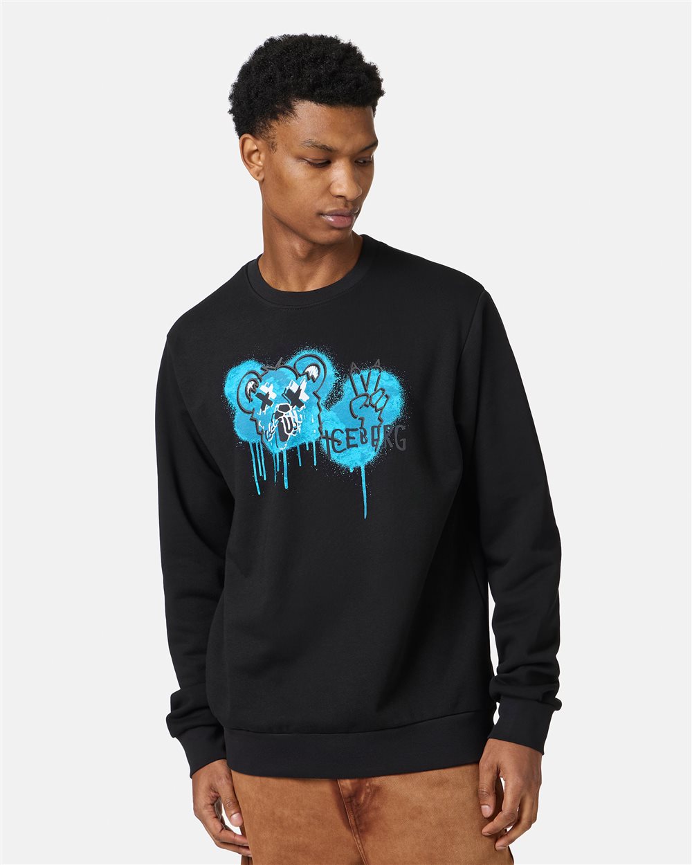 Black crewneck sweatshirt with classic regular fit and Bear print - Iceberg - Official Website