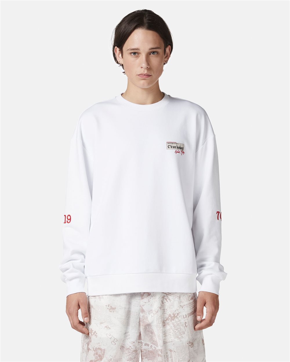 Regular fit white crewneck sweatshirt in cotton fleece fabric - Iceberg - Official Website