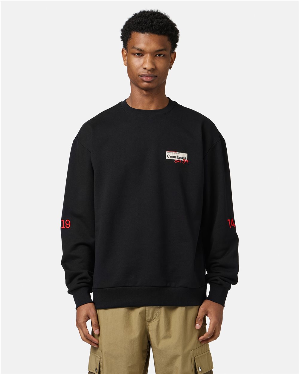 Regular fit black crew neck sweatshirt in cotton fleece - Iceberg - Official Website