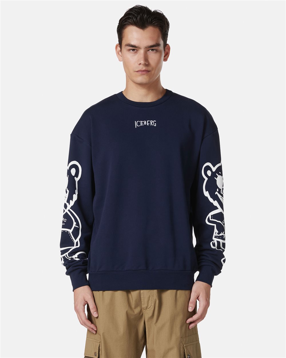 Regular fit blue crewneck sweatshirt with Bear print and logo embroidery - Iceberg - Official Website