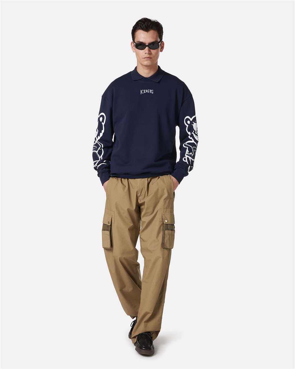 Regular fit blue crewneck sweatshirt with Bear print and logo embroidery - Iceberg - Official Website
