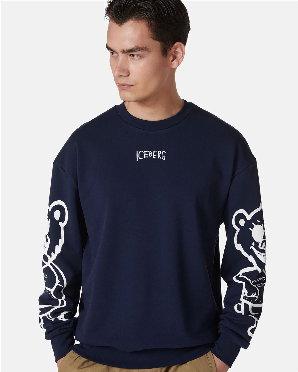 Regular fit blue crewneck sweatshirt with Bear print and logo embroidery - Iceberg - Official Website