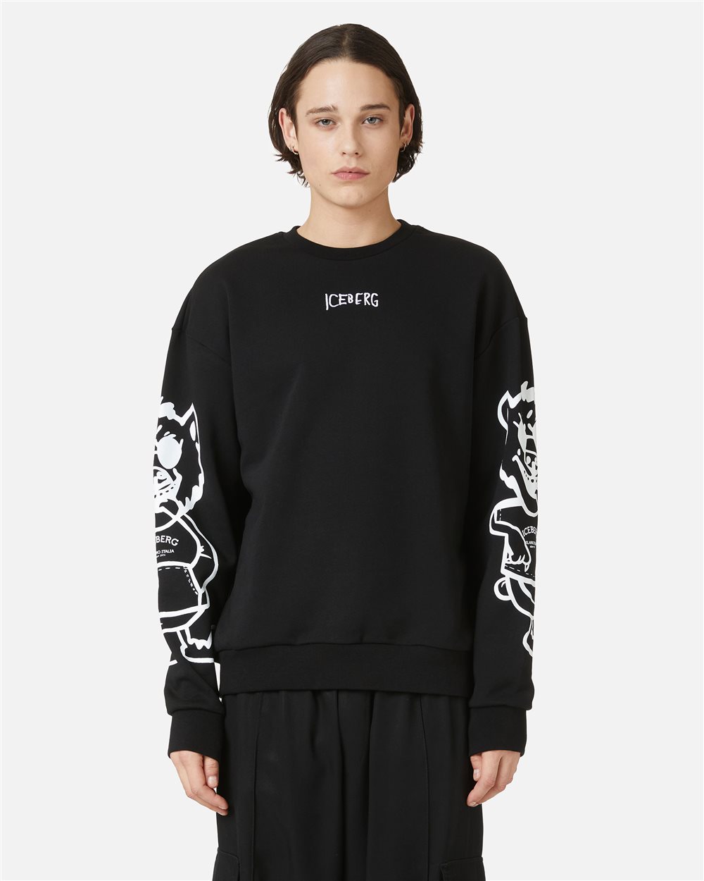 Regular fit black crewneck sweatshirt with Bear print and logo embroidery - Iceberg - Official Website