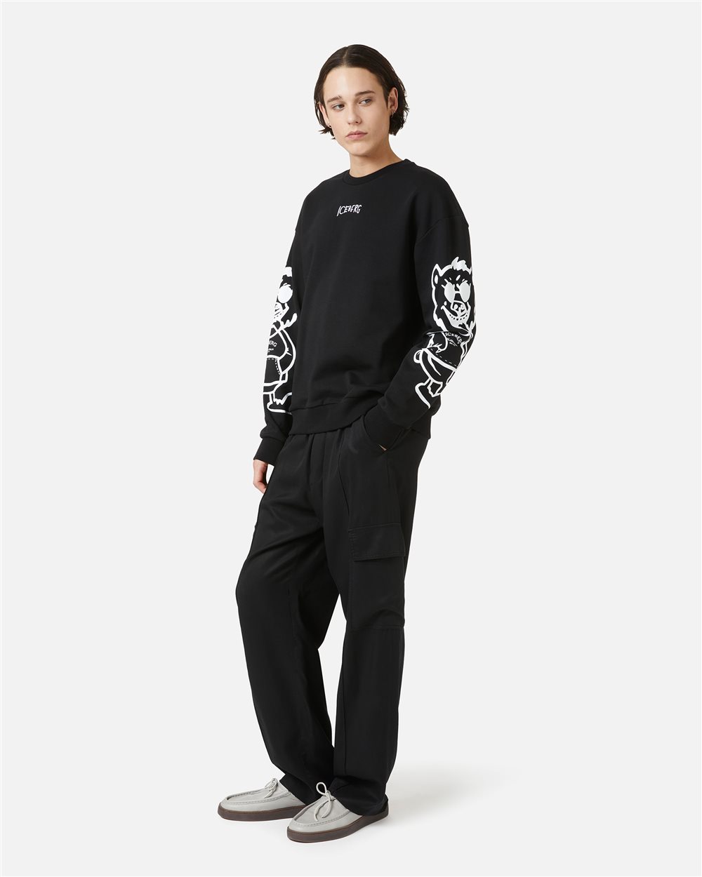 Regular fit black crewneck sweatshirt with Bear print and logo embroidery - Iceberg - Official Website