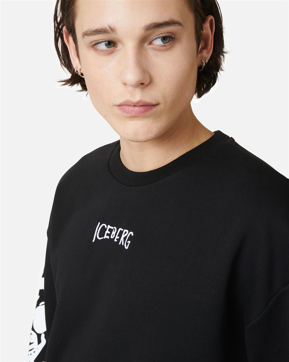 Regular fit black crewneck sweatshirt with Bear print and logo embroidery - Iceberg - Official Website