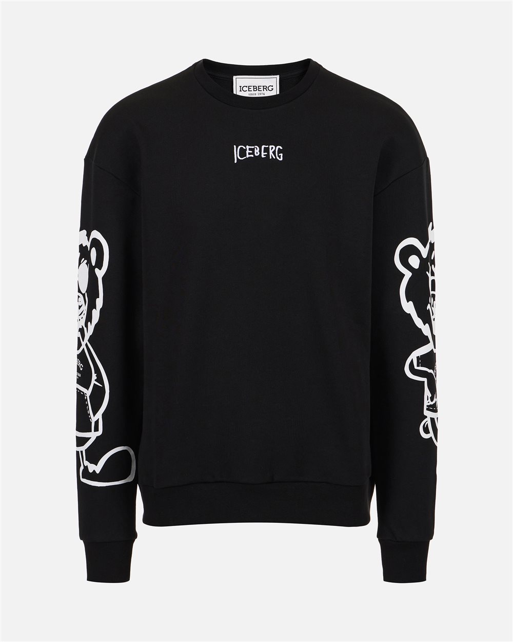 Regular fit black crewneck sweatshirt with Bear print and logo embroidery - Iceberg - Official Website