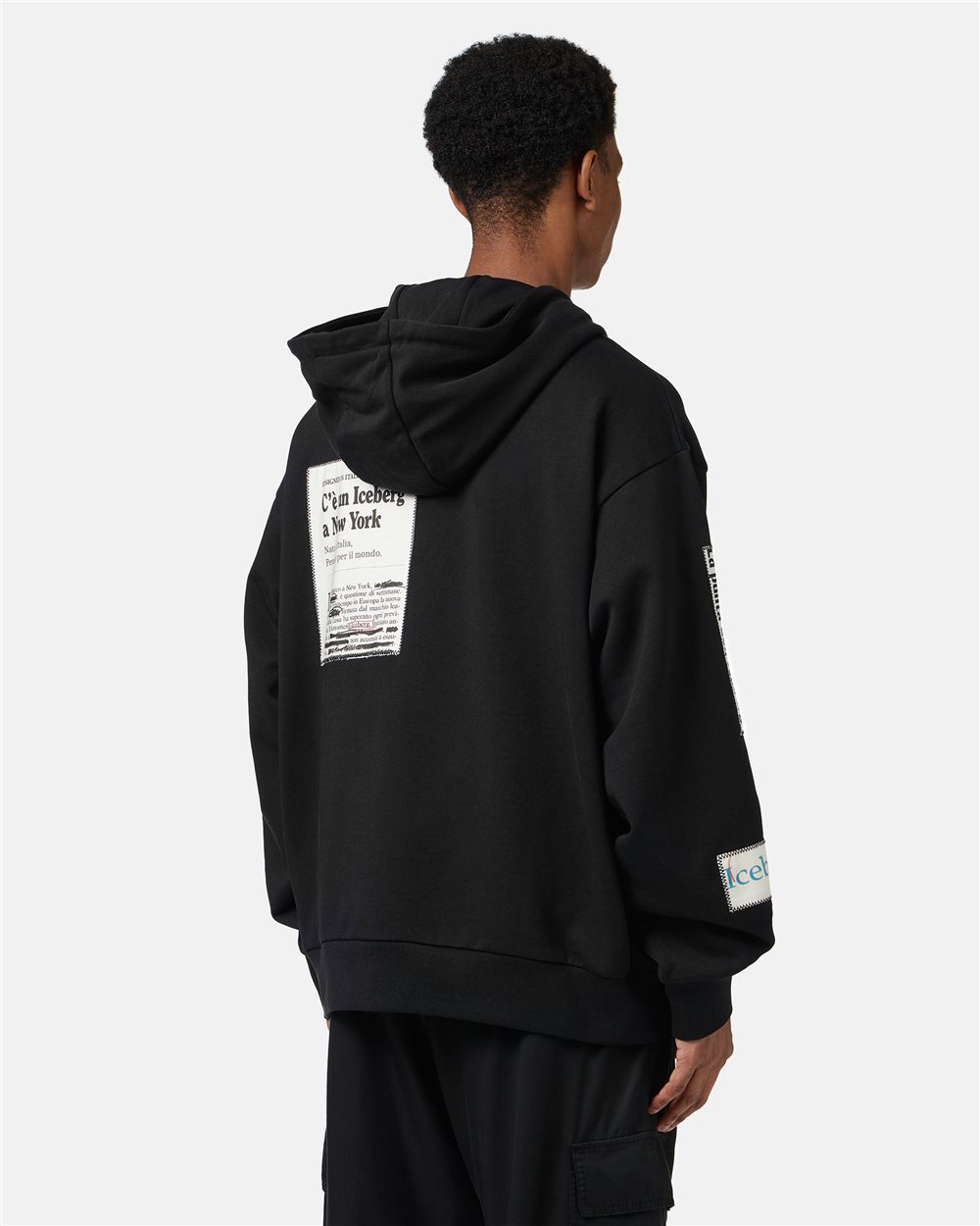 Black relaxed fit cotton hoodie with newspaper print - Iceberg - Official Website