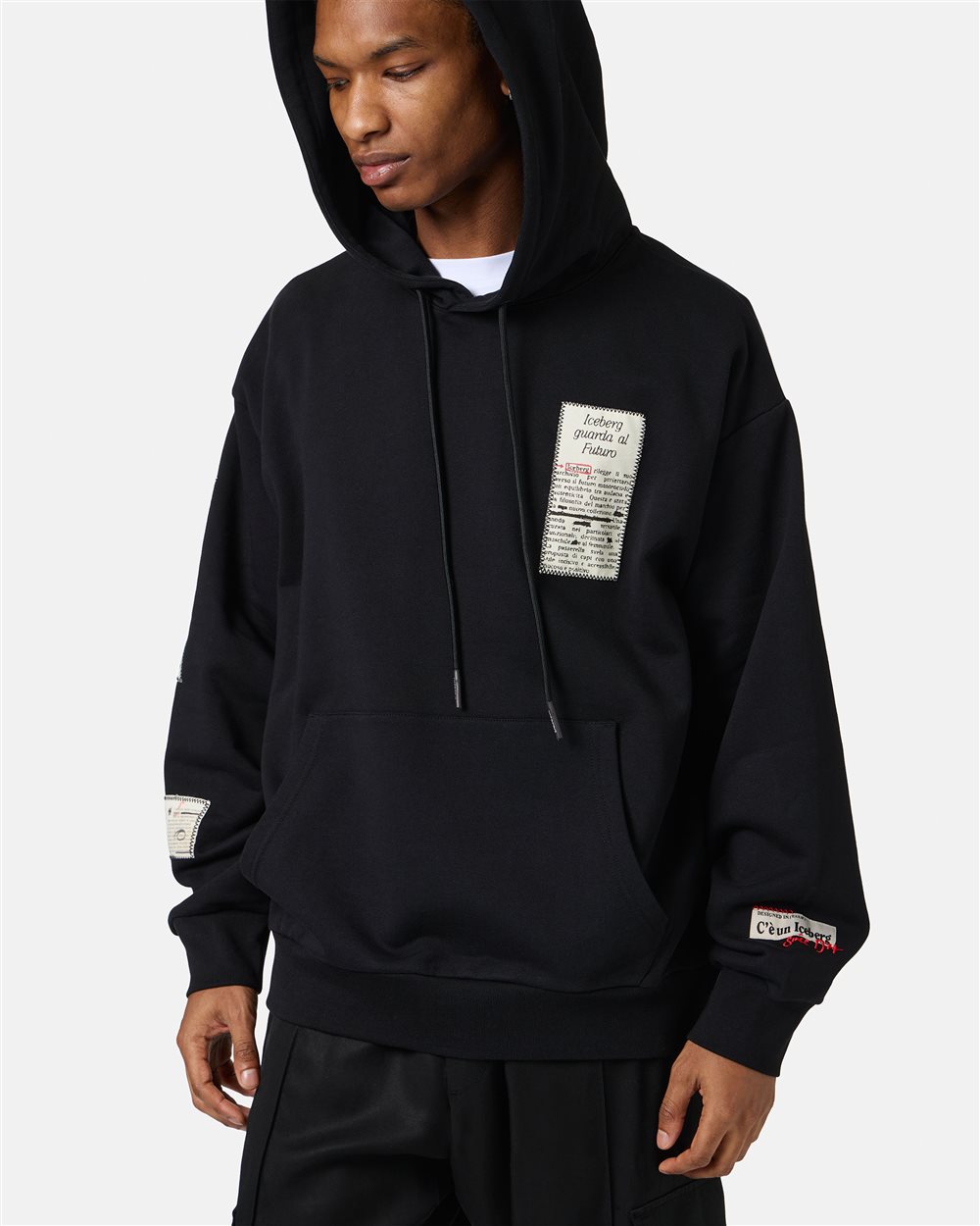 Black relaxed fit cotton hoodie with newspaper print - Iceberg - Official Website