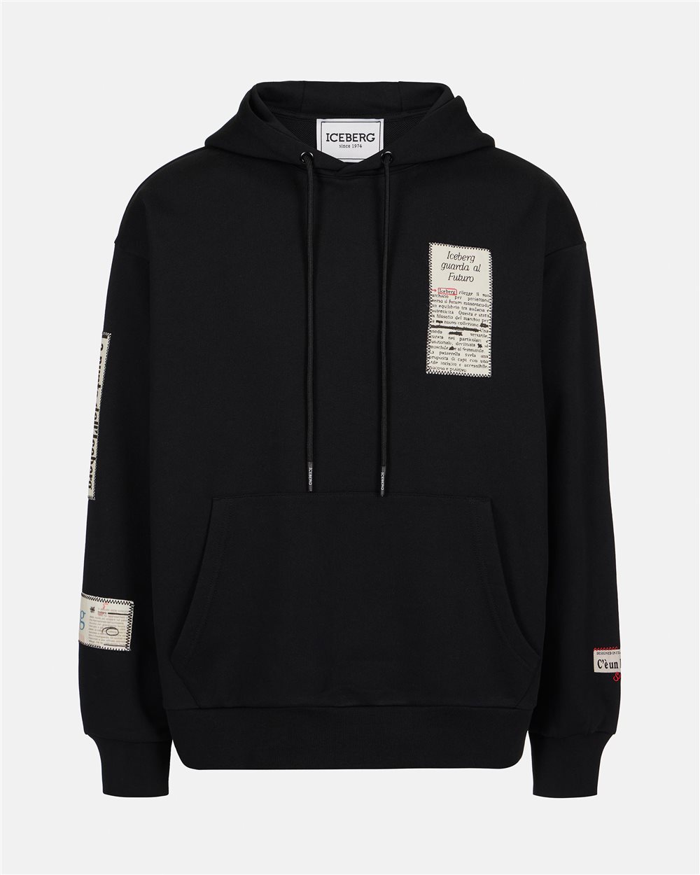Black relaxed fit cotton hoodie with newspaper print - Iceberg - Official Website