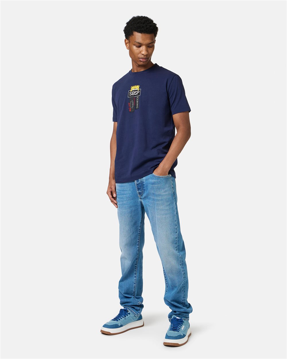 Blue sustainable stretch cotton T-shirt with Spongebob print - Iceberg - Official Website