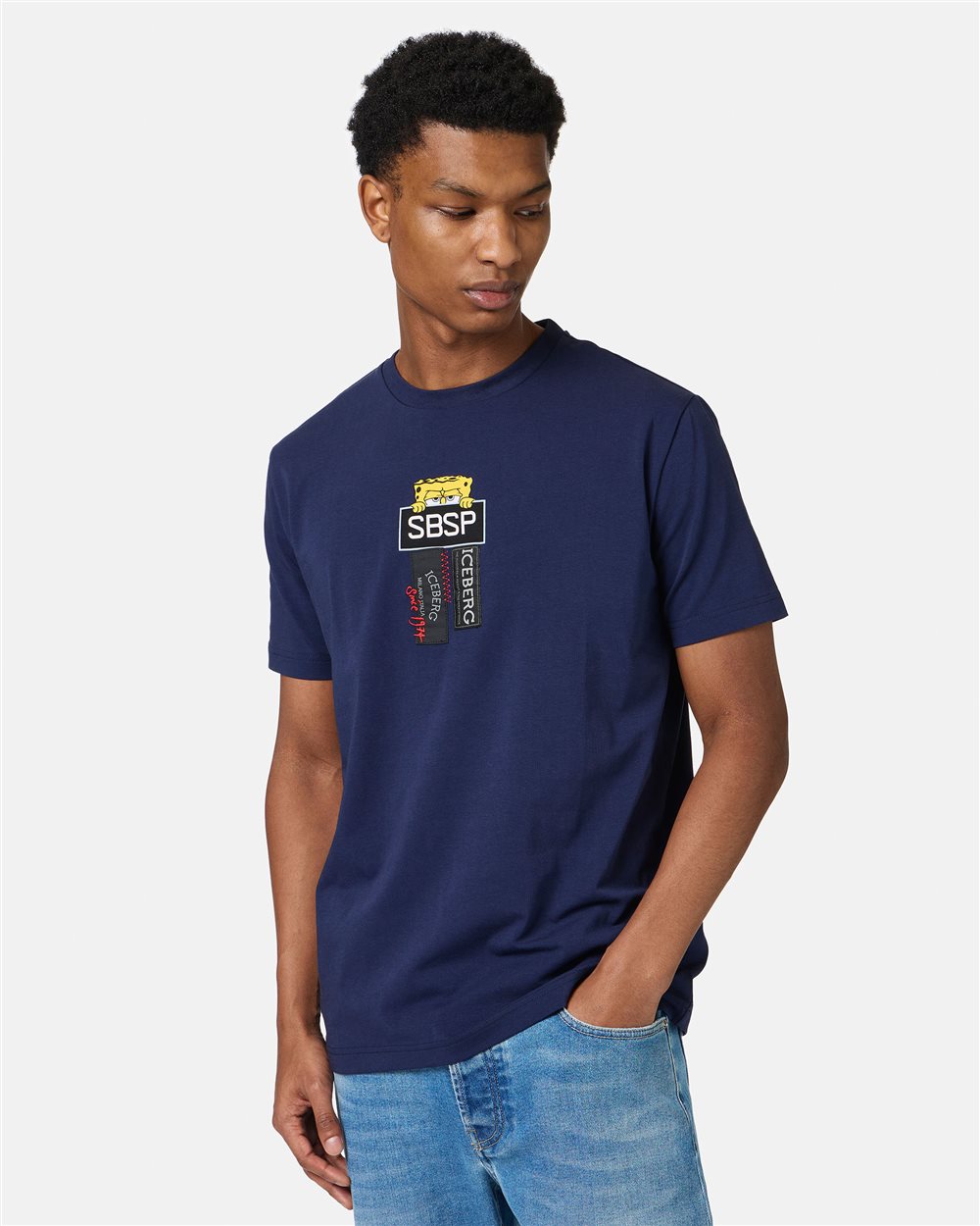 Blue sustainable stretch cotton T-shirt with Spongebob print - Iceberg - Official Website