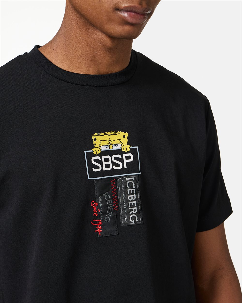 Black sustainable stretch cotton T-shirt with Spongebob print - Iceberg - Official Website