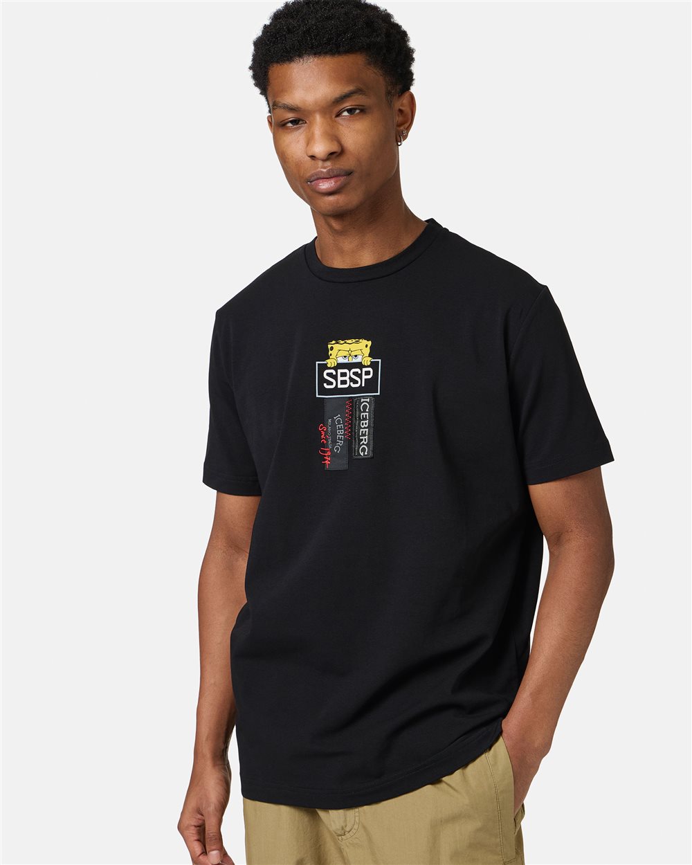 Black sustainable stretch cotton T-shirt with Spongebob print - Iceberg - Official Website