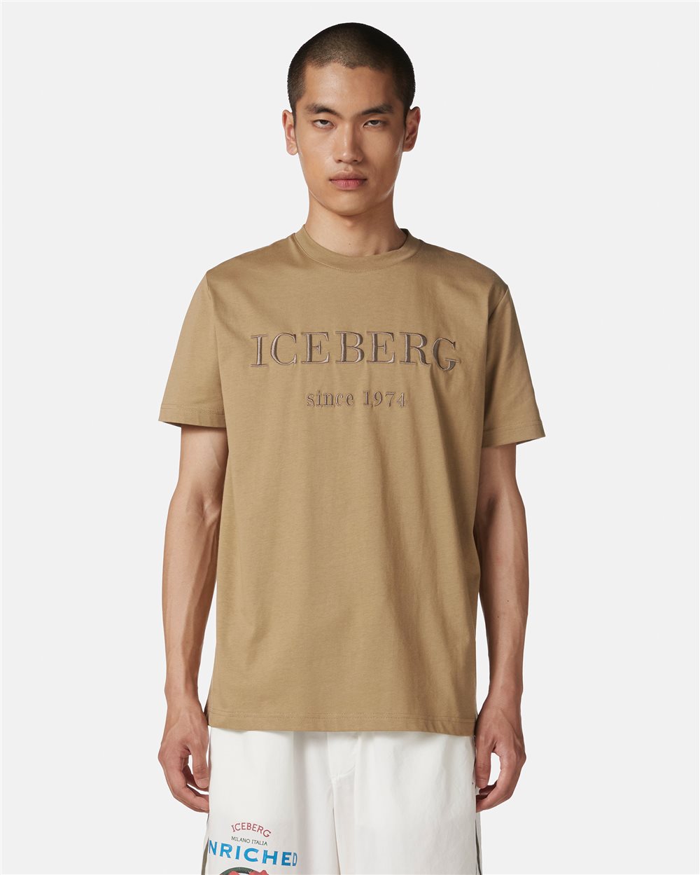 Mud-colored carry-over cotton T-shirt with institutional logo embroidery - Iceberg - Official Website