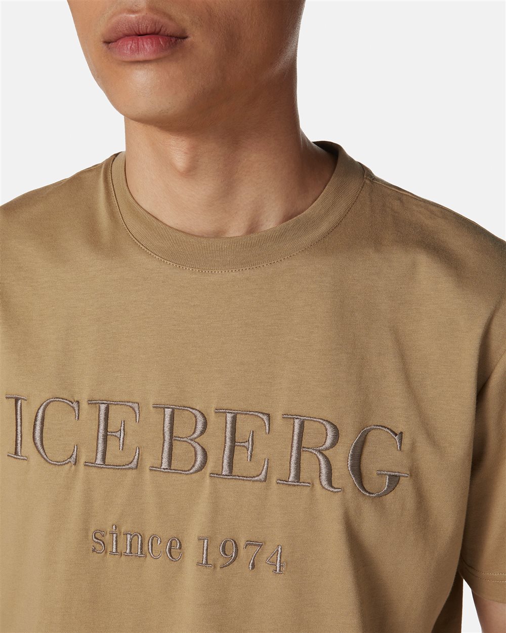 Mud-colored carry-over cotton T-shirt with institutional logo embroidery - Iceberg - Official Website
