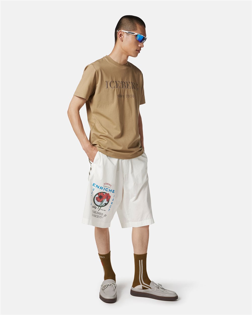 Mud-colored carry-over cotton T-shirt with institutional logo embroidery - Iceberg - Official Website
