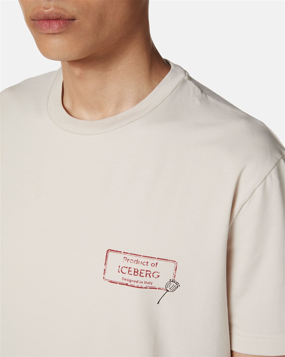 Slim-fit powder-colored sustainable stretch cotton T-shirt with Poppy print - Iceberg - Official Website