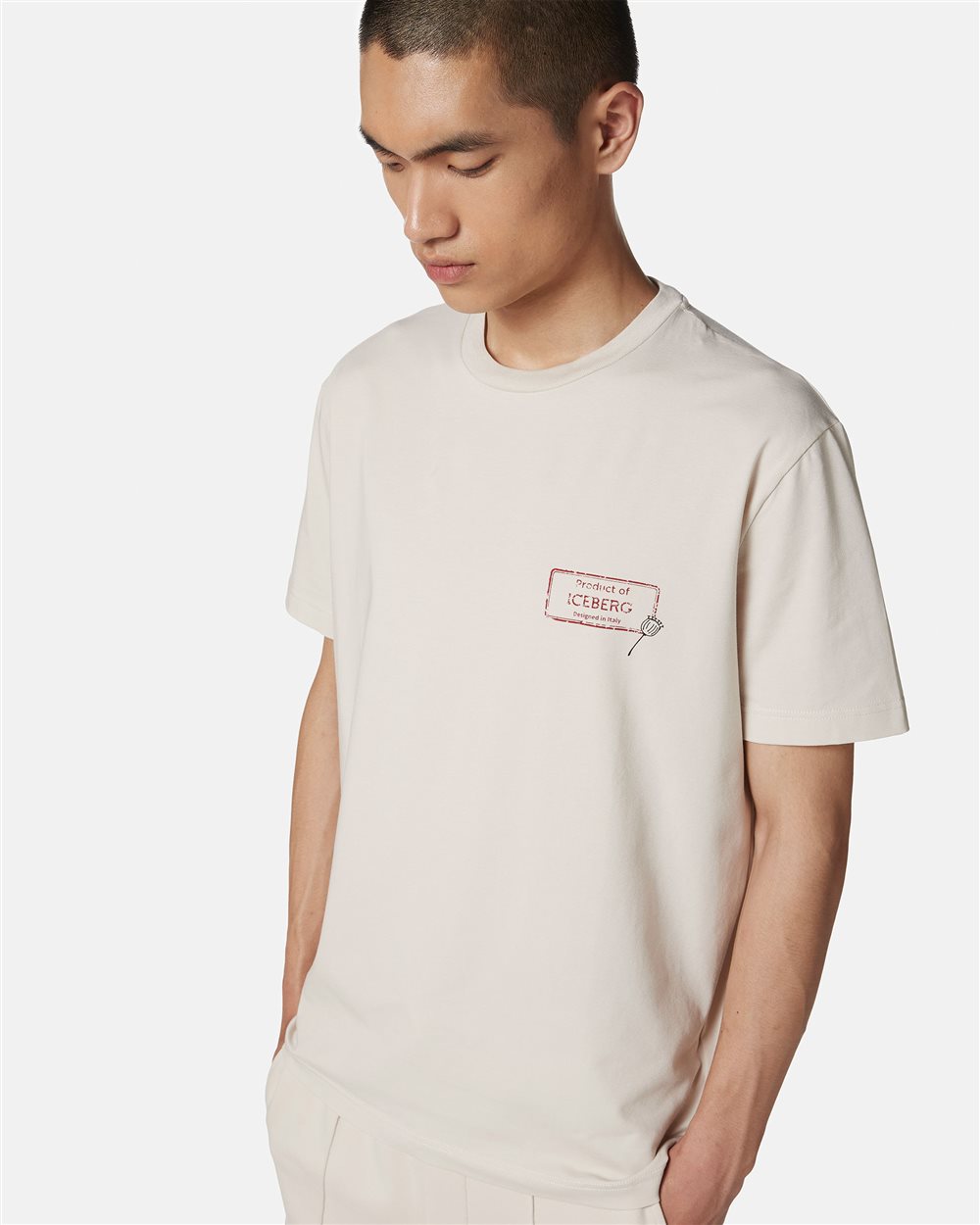 Slim-fit powder-colored sustainable stretch cotton T-shirt with Poppy print - Iceberg - Official Website