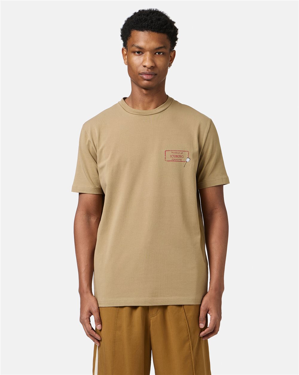 Slim-fit mud-colored sustainable stretch cotton T-shirt with Poppy print - Iceberg - Official Website