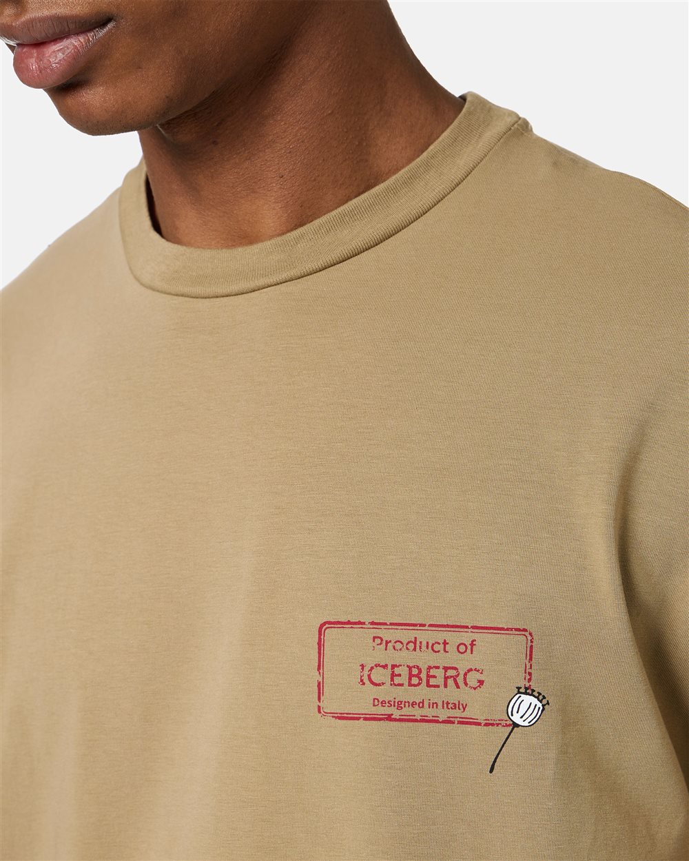 Slim-fit mud-colored sustainable stretch cotton T-shirt with Poppy print - Iceberg - Official Website