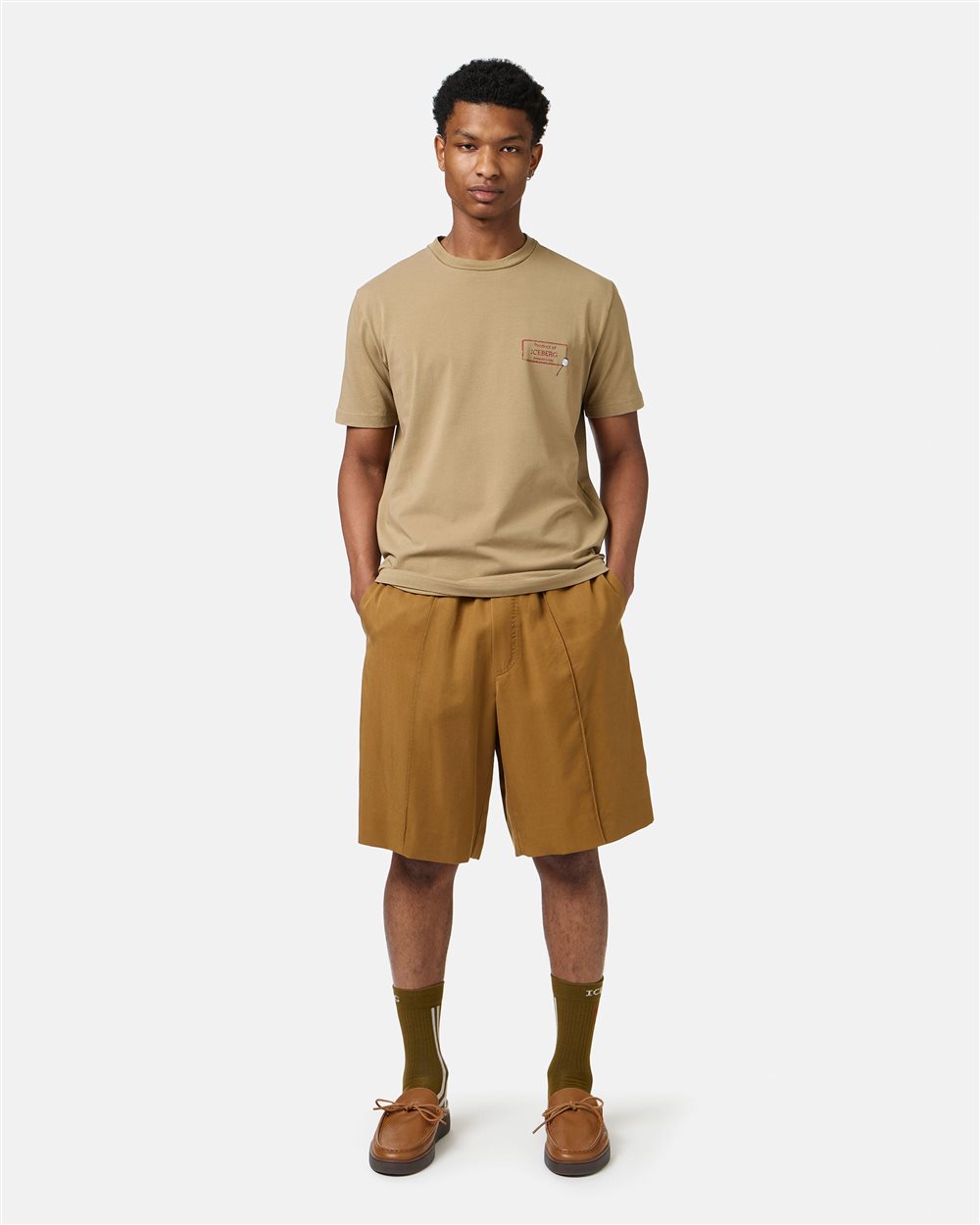 Slim-fit mud-colored sustainable stretch cotton T-shirt with Poppy print - Iceberg - Official Website