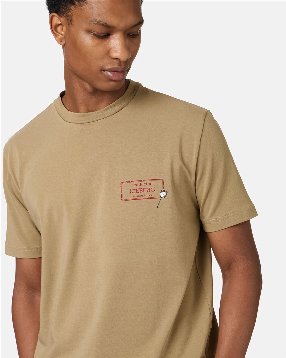 Slim-fit mud-colored sustainable stretch cotton T-shirt with Poppy print - Iceberg - Official Website