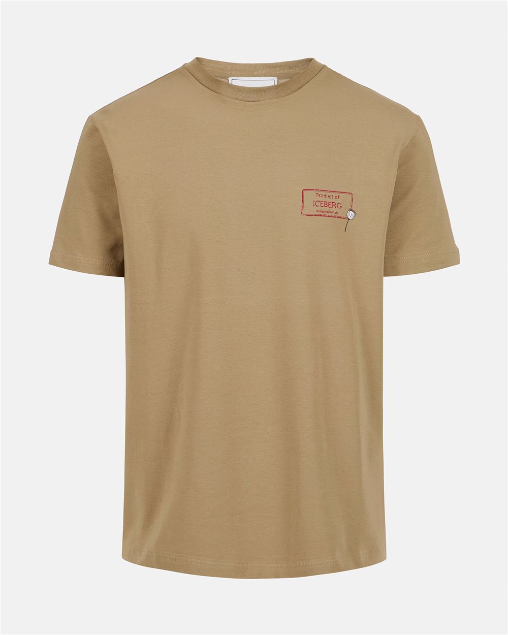 Slim-fit mud-colored sustainable stretch cotton T-shirt with Poppy print - Iceberg - Official Website