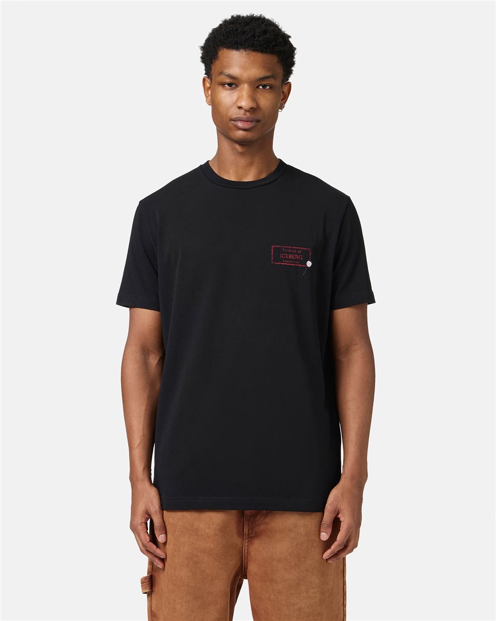 Slim-fit black sustainable stretch cotton T-shirt with Poppy print - Iceberg - Official Website