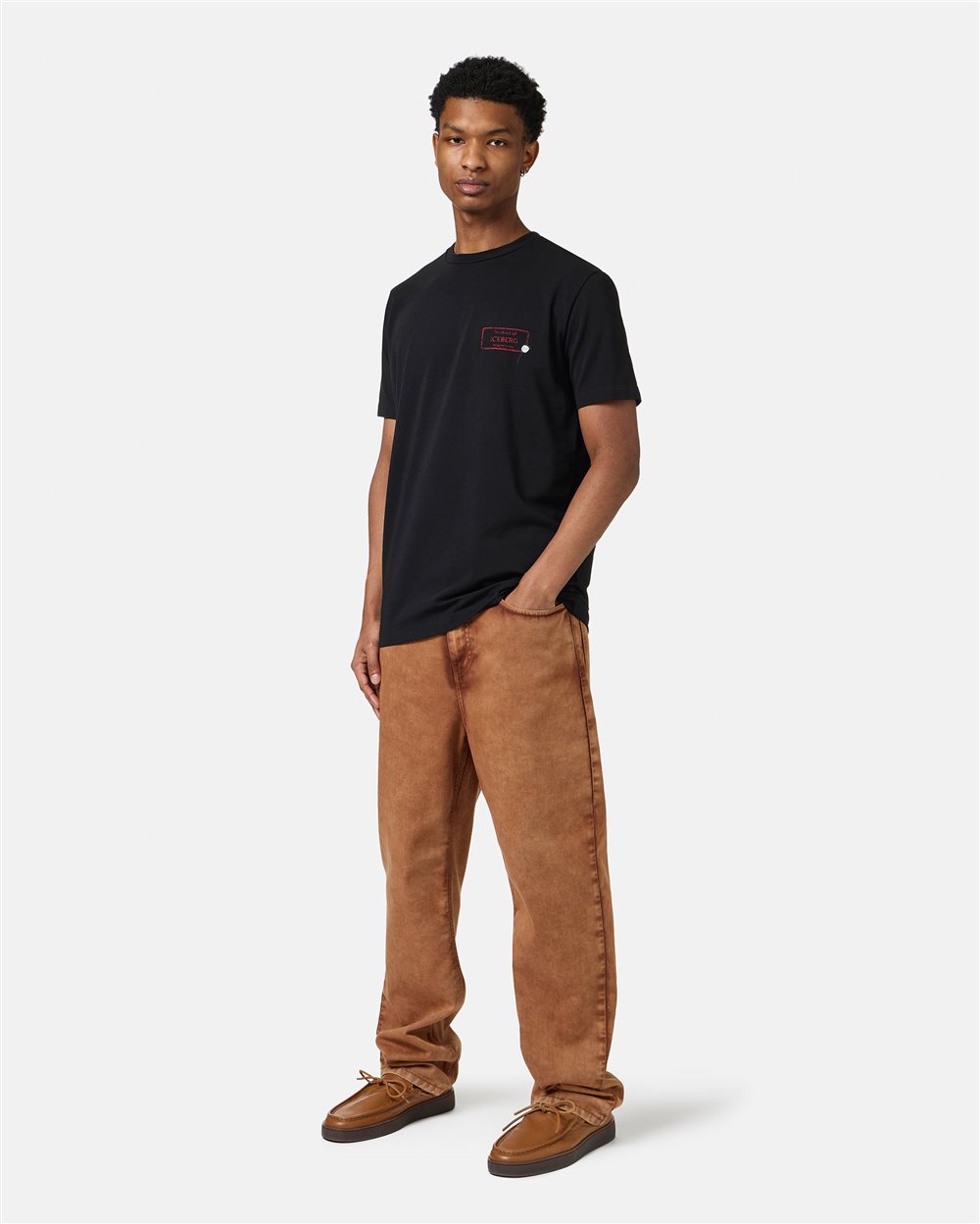 Slim-fit black sustainable stretch cotton T-shirt with Poppy print - Iceberg - Official Website