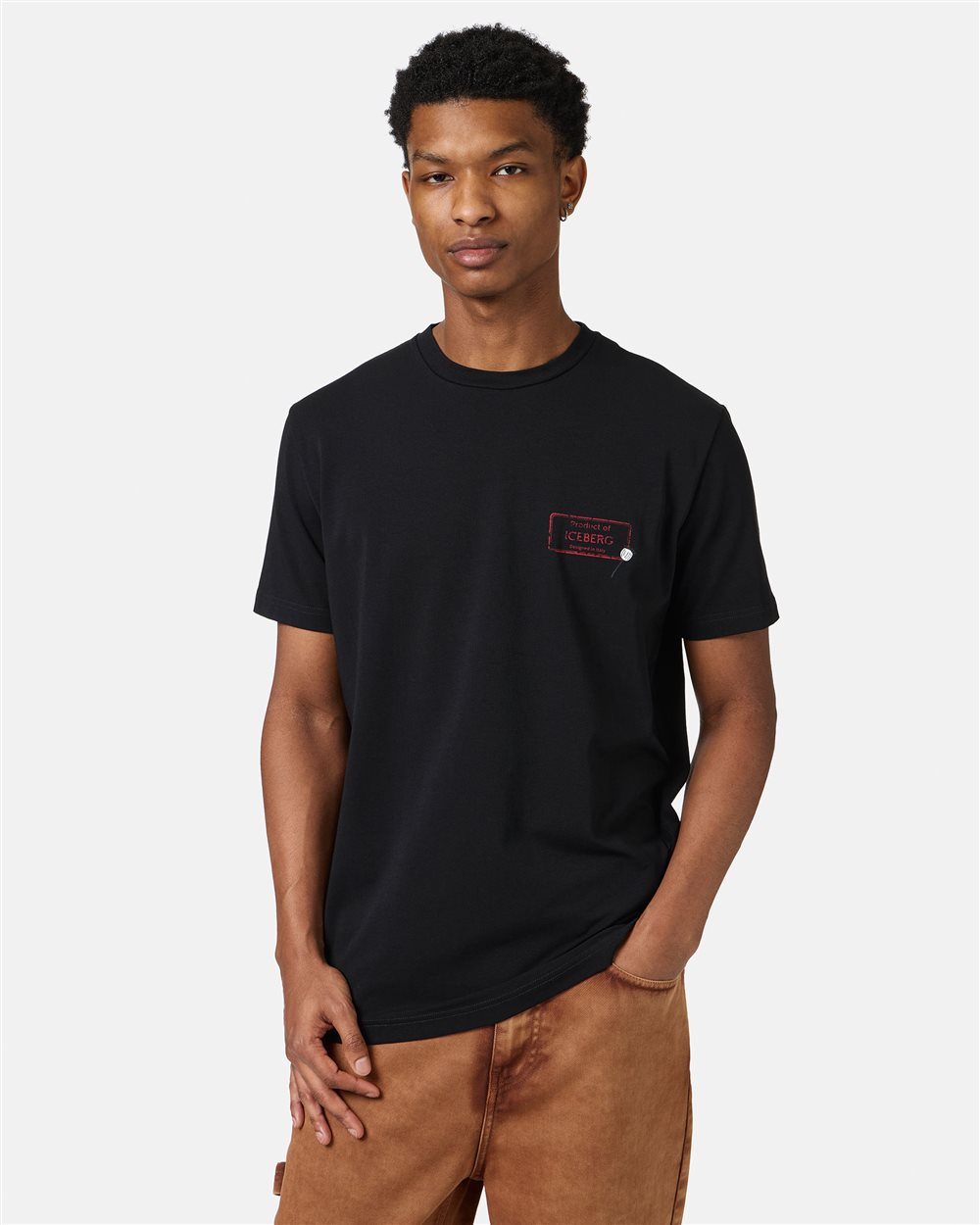 Slim-fit black sustainable stretch cotton T-shirt with Poppy print - Iceberg - Official Website