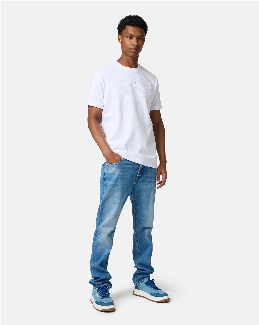Slim-fit white cotton T-shirt with Shark detail and logo print - Iceberg - Official Website