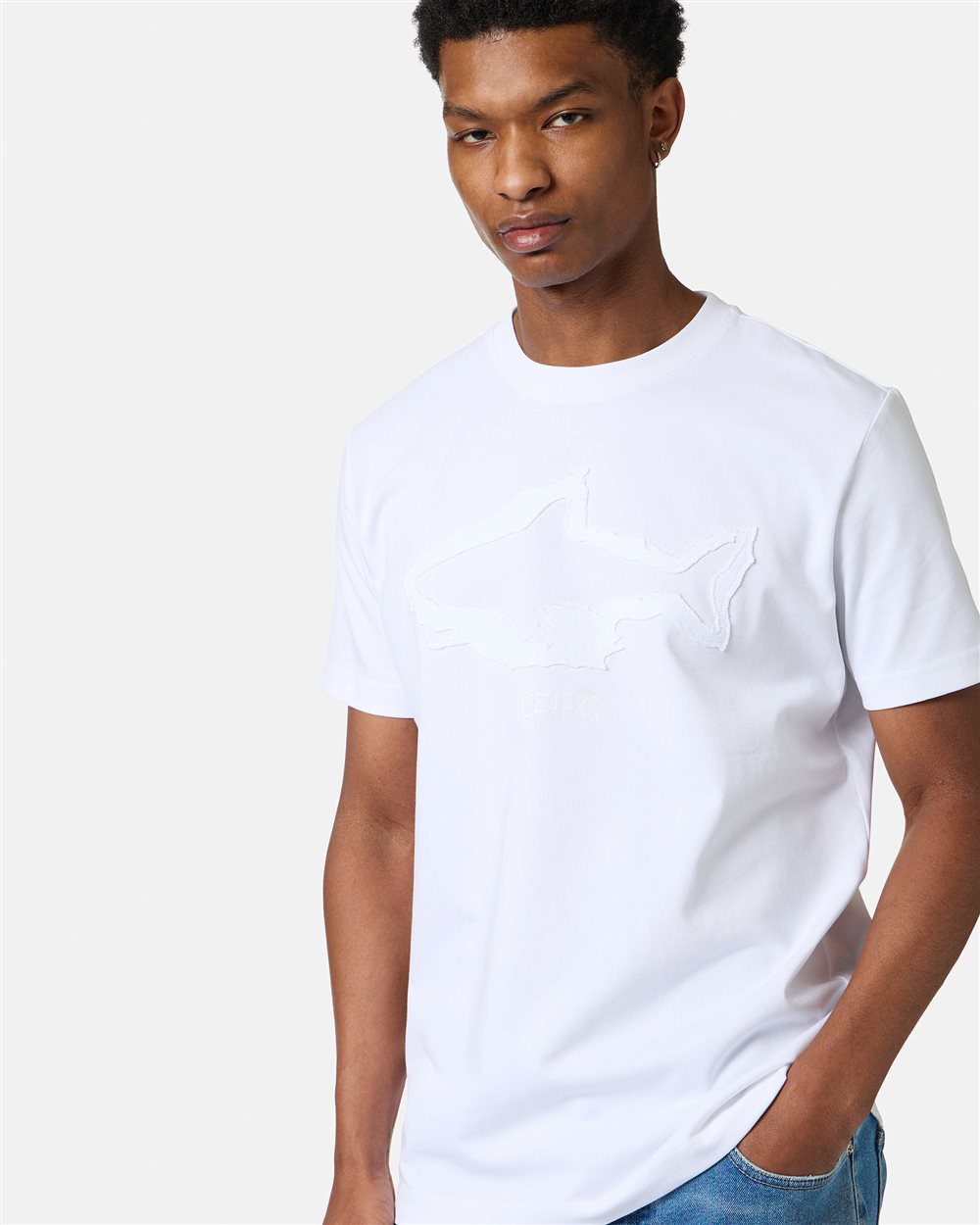 Slim-fit white cotton T-shirt with Shark detail and logo print - Iceberg - Official Website