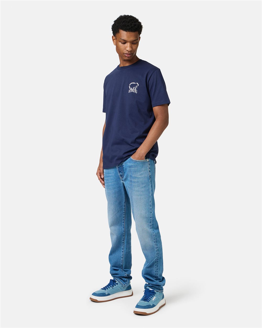 Blue slim fit cotton T-shirt with Bear print - Iceberg - Official Website