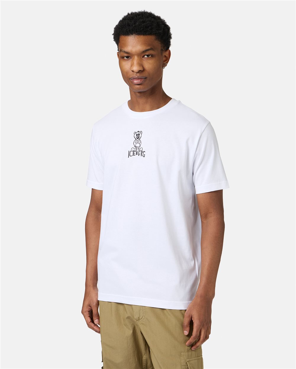 White slim fit cotton T-shirt with Bear print and Iceberg logo - Iceberg - Official Website