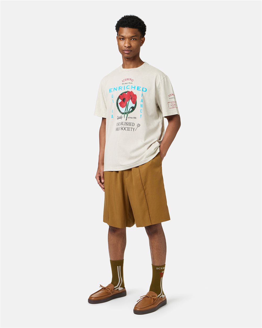 Beige patterned regular-fit cotton jersey T-shirt - Iceberg - Official Website
