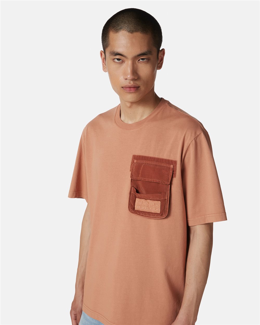 Regular fit terracotta colored T-shirt in dyed cotton jersey - Iceberg - Official Website