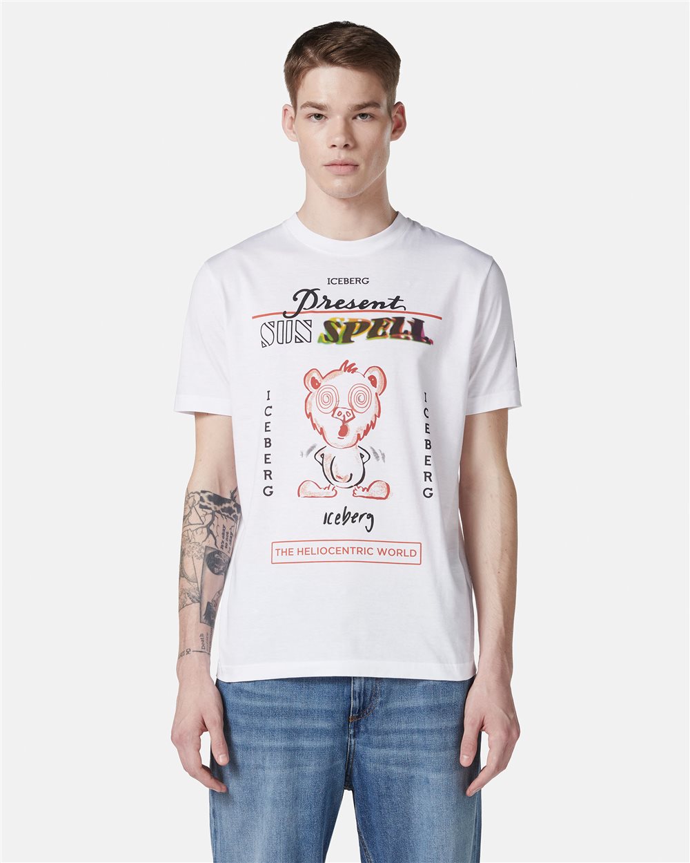 White regular fit cotton T-shirt with maxi multicolor Bear print - Iceberg - Official Website