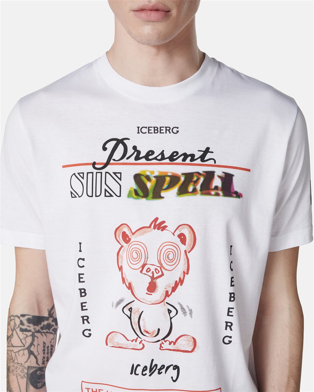 White regular fit cotton T-shirt with maxi multicolor Bear print - Iceberg - Official Website