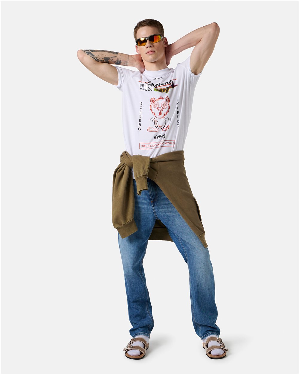 White regular fit cotton T-shirt with maxi multicolor Bear print - Iceberg - Official Website