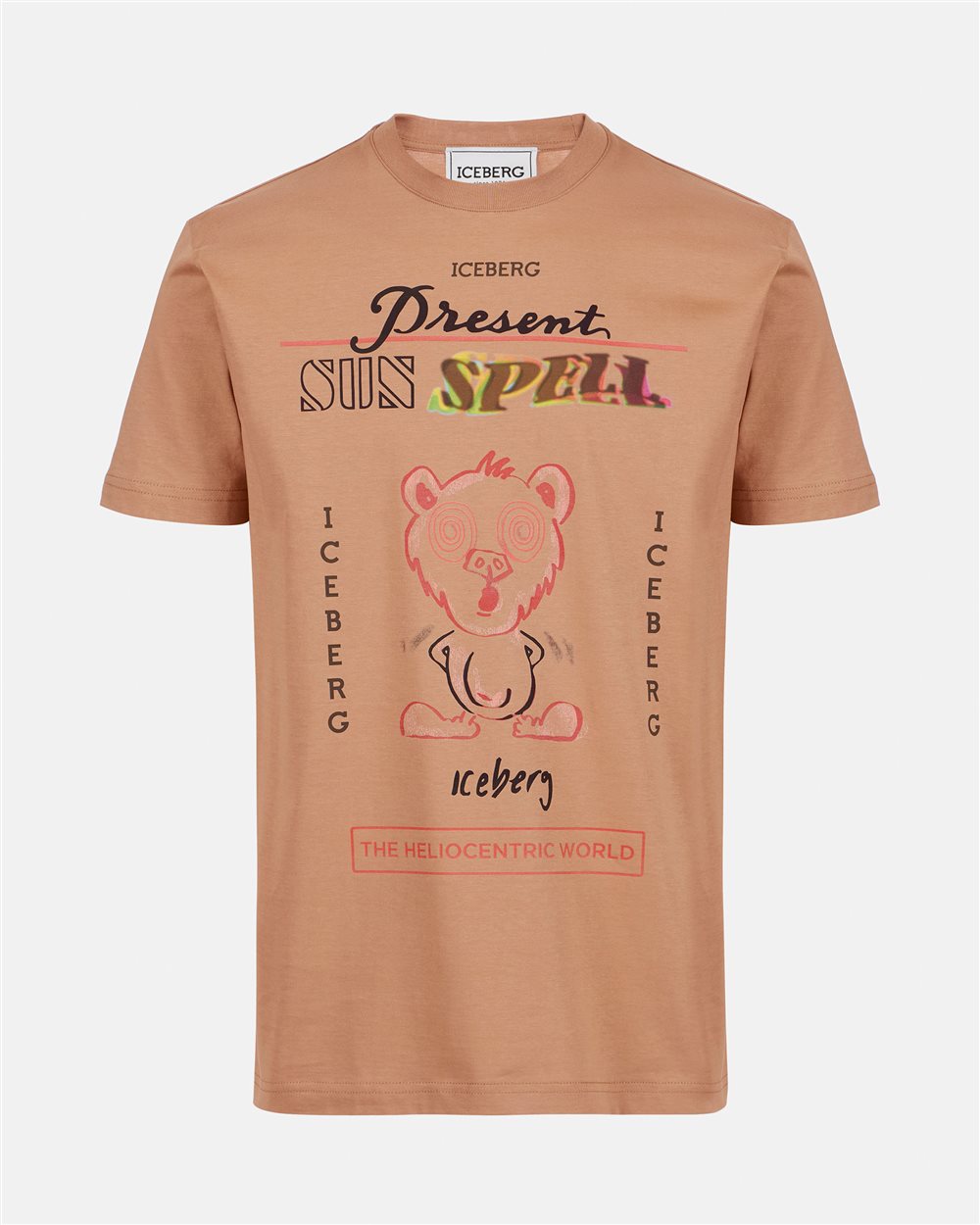 Terracottafarbenes T-Shirt aus Baumwolle im Regular Fit mit großem bunten Bärenprint - Iceberg - Official Website