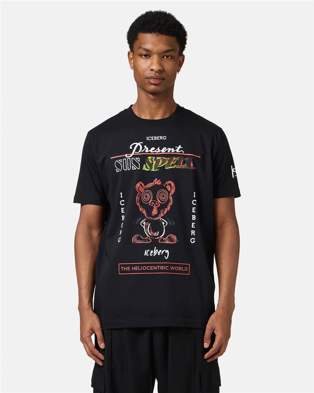 Black regular fit cotton T-shirt with maxi multicolor Bear print - Iceberg - Official Website